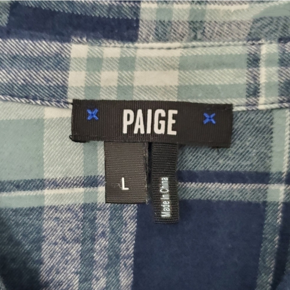 PAIGE Navy and Gteen Blue Plaid Shirt Large - Picture 3 of 5